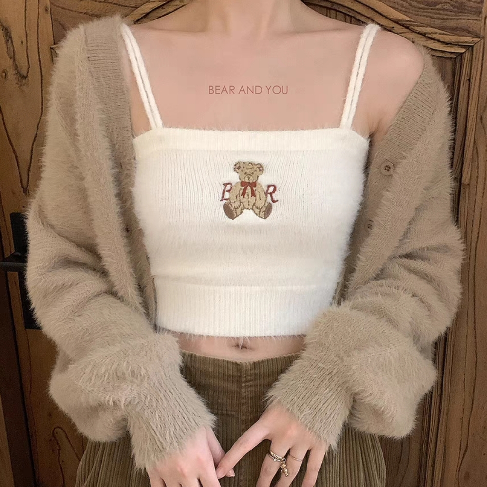 Faux Mink Plush Knit Teddy Bear Embroidery Lace-Up Camisole